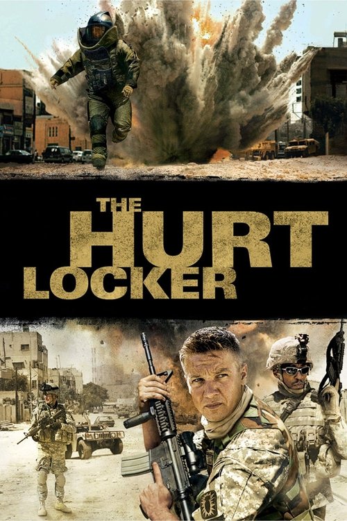 The poster features soldiers in combat gear amidst explosions and debris, conveying a tense, action-packed atmosphere. The title "The Hurt Locker" is prominently displayed in bold, golden letters against a dark background. The overall mood is gritty and intense, reflecting the film's themes of wa...