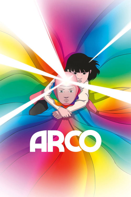 The poster features two anime-style characters against a vibrant rainbow background, exuding a playful and energetic mood. The bold "ARCO" text anchors the composition, emphasizing the film's title.