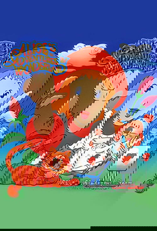 This vibrant poster features Alice in Wonderland, a cheerful red-haired girl in a white dress, surrounded by whimsical elements like a rabbit, a cat, and a pink flower. The bright blue sky and playful colors evoke a magical, dreamlike atmosphere that captures the essence of the beloved children's...