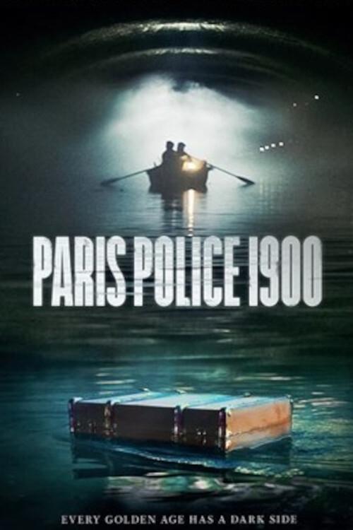 The poster features a dramatic scene with two figures standing on a dark, foggy rooftop, illuminated by a mysterious light source. The title "PARIS POLICE 1900" is prominently displayed in bold white letters, evoking a sense of mystery and intrigue. Below, a wooden box rests on the wet pavement, ...