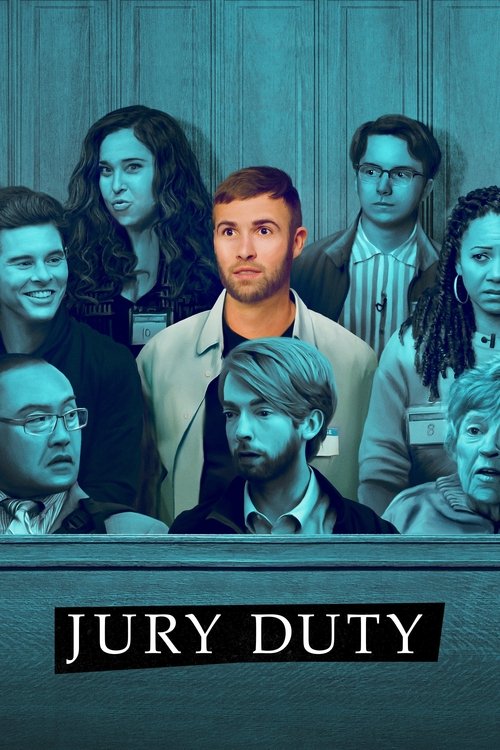 The poster features a group of diverse characters in a courtroom setting, with muted blues and grays dominating the color palette. The mood is serious and contemplative, suggesting a dramatic legal drama. The title "JURY DUTY" is prominently displayed at the bottom, emphasizing the gravity of the...