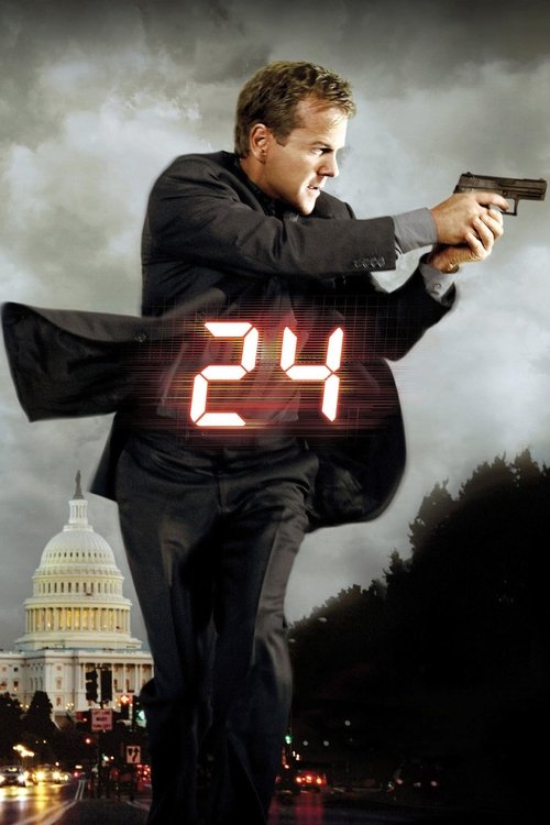 The poster features a man in a black suit holding a gun, with the number "24" prominently displayed in red on his chest. The background shows the U.S. Capitol building under a stormy sky, creating a dramatic and tense atmosphere.