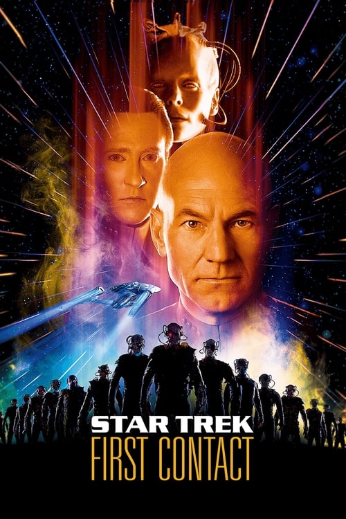 The poster features a dramatic scene with two bald men in the center, surrounded by swirling cosmic colors. Below them, a group of soldiers stands in silhouette against a backdrop of bright light and starry space. The title "Star Trek: First Contact" is prominently displayed at the bottom. The ov...