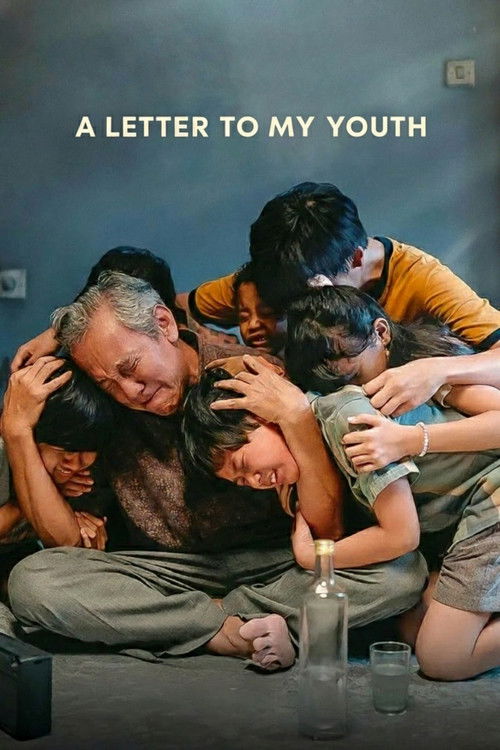 The poster depicts a somber family huddled together in a dimly lit room, with muted earth tones and shadows evoking a sense of grief and loss. The title, "A Letter to My Youth," suggests a poignant narrative about the passage of time and the enduring impact of childhood memories.