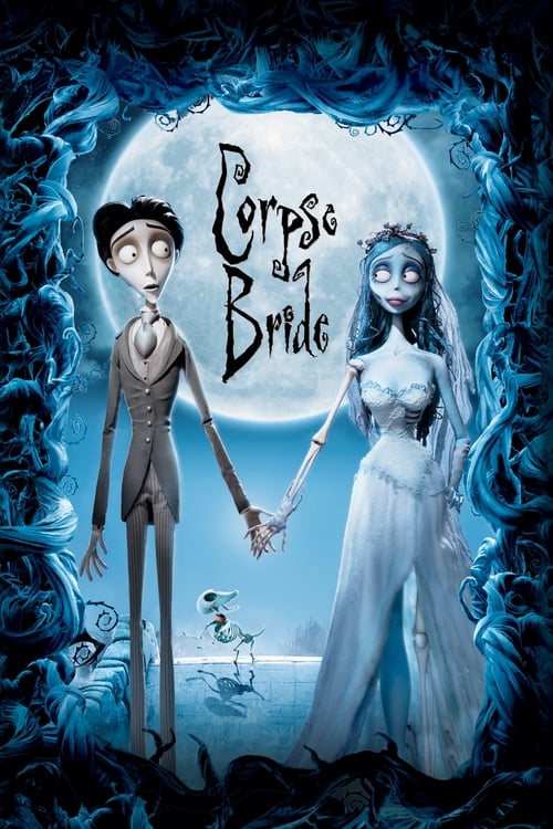 The poster features a ghostly bride in a white gown holding hands with a tall, slender man in a tuxedo against a moonlit backdrop. The dark blue and black tones evoke a spooky yet romantic atmosphere, capturing the essence of the film's supernatural romance.