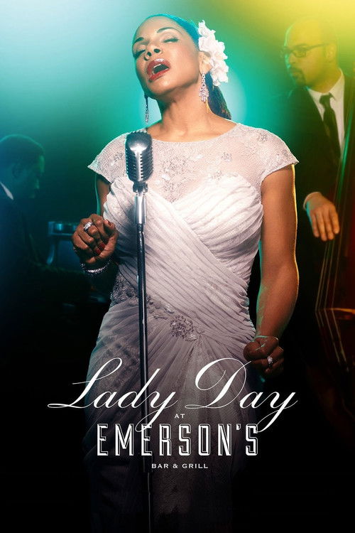 The poster features a glamorous woman in a white gown singing into a vintage microphone, exuding elegance against a dramatic green and yellow backdrop. A man in a suit stands to the right, while another figure is partially visible in the background. The text "Lady Day at Emerson's Bar & Grill" is...