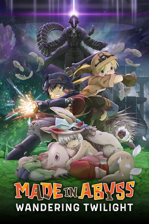 The poster features a dramatic scene with a young girl wielding a glowing weapon, surrounded by floating creatures and a mysterious, shadowy figure in the background. The vibrant colors of the girl's outfit contrast with the dark, eerie atmosphere. The title "Made in Abyss: Wandering Twilight" is...