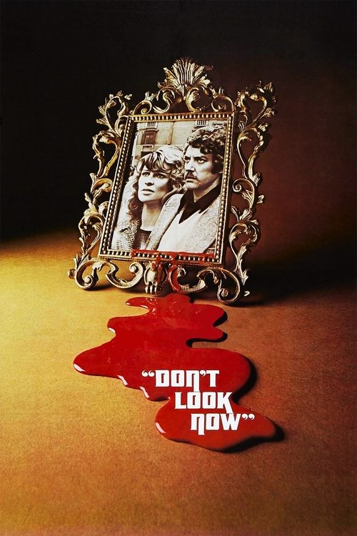 The poster features a sepia-toned portrait of a man in a vintage frame, set against a warm, golden background. Below the frame, a splash of red paint forms the title "Don't Look Now," evoking a sense of mystery and intrigue. The overall mood is dramatic and mysterious, hinting at the film's suspe...