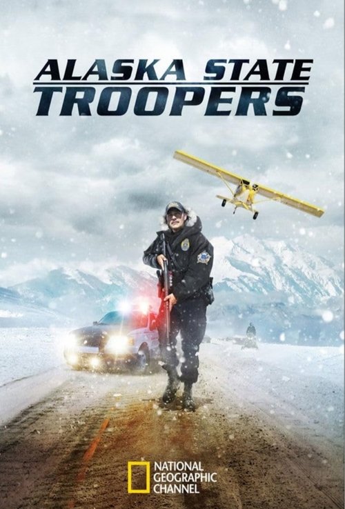 The poster features a soldier in tactical gear standing on a snowy road with a plane flying overhead, while a car with headlights illuminates the scene. The muted blue and white tones convey a cold, serious mood, emphasizing the harsh environment and the readiness of the troops.