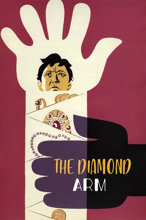 The poster features a man with a somber expression emerging from a giant white hand, while a dark hand holds a diamond necklace. The deep red background contrasts with the muted tones of the figure, creating a mysterious and slightly melancholic atmosphere.