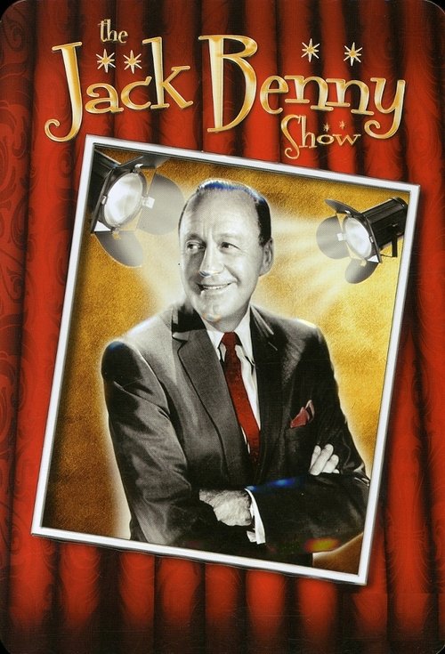 The Jack Benny Program poster features a warm, golden-yellow background with red curtains framing the image. A smiling man in a suit and red tie dominates the center, exuding elegance and charm. Two small, whimsical figures appear above his head, adding a playful touch. The overall mood is nostal...