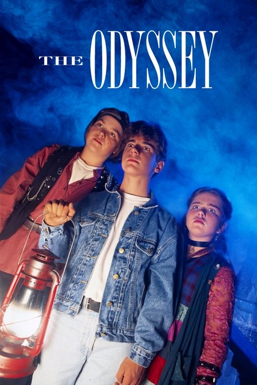 The poster features three young men in denim jackets against a dark, moody blue background. A lantern glows warmly on the left, casting a soft light on their faces. The title "The Odyssey" is prominently displayed in bold white letters at the top. The overall mood is mysterious and adventurous, s...