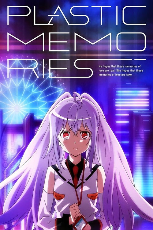 The poster features a young girl with long purple hair and a futuristic outfit against a vibrant, neon-lit background. The mood is mysterious and dreamlike, with glowing lights and a sense of otherworldly wonder. The title "Plastic Memories" is prominently displayed in bold, futuristic typography.