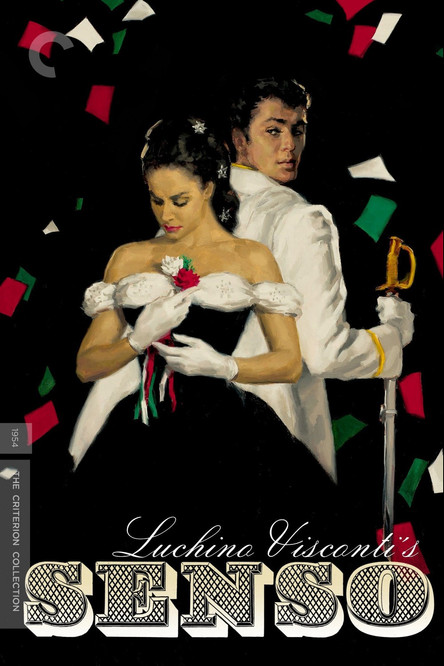 The poster features a romantic couple in a dramatic embrace, set against a dark background with colorful confetti. The woman wears a black dress with white gloves, while the man is dressed in a white suit. The title "Senso" is prominently displayed at the bottom in bold, metallic lettering. The o...