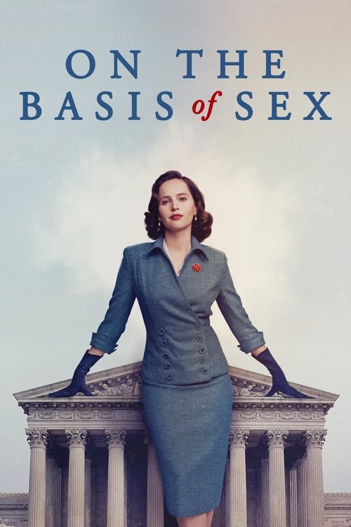 The poster features a woman in a blue suit standing confidently behind a classical building, with the title "ON THE BASIS OF SEX" prominently displayed in bold, dark letters. The muted tones and formal attire evoke a sense of authority and professionalism, while the soft sky background adds a ser...
