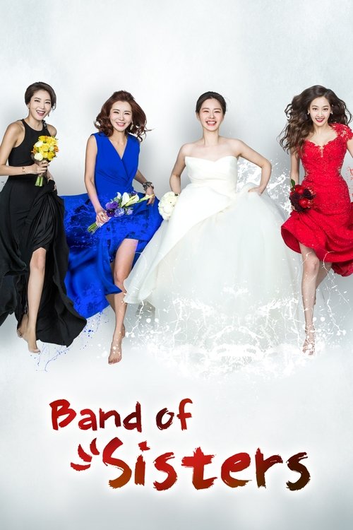 A group of five sisters in colorful dresses pose against a white background, exuding joy and camaraderie. The bride in the center adds a touch of elegance, while the sisters' vibrant attire—black, blue, and red—creates a lively and dynamic scene. The poster conveys a sense of fun and friendship, ...