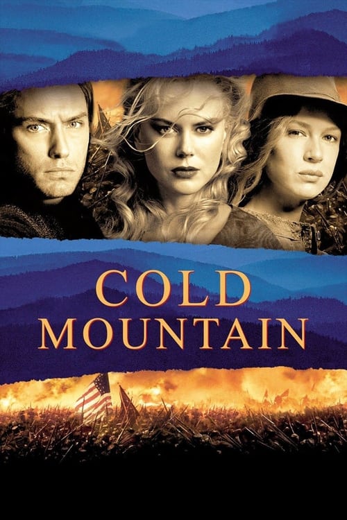 The poster features three characters with intense expressions against a backdrop of mountains and a dramatic sunset. The title "Cold Mountain" is prominently displayed in bold, golden letters, evoking a sense of mystery and tension.