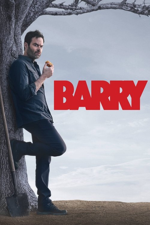 A man leans against a tree, holding a sandwich, with the bold red "BARRY" logo dominating the frame. The mood is casual yet mysterious, suggesting a slice-of-life drama with underlying tension.