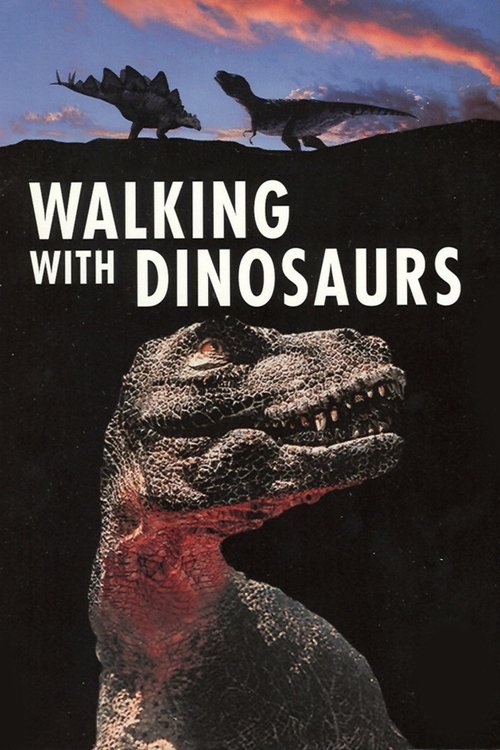The poster features a dramatic sky with orange and purple hues, creating a vivid backdrop for the silhouetted dinosaurs at the top. Dominating the foreground is a fierce, red-tinted dinosaur's head, exuding a sense of danger and excitement. The bold white text "WALKING WITH DINOSAURS" stands out ...