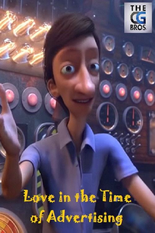 The poster features a young man with wide, expressive eyes and a surprised expression, set against a backdrop of glowing red and orange control panels. The title "Love in the Time of Advertising" is prominently displayed in bold, golden letters at the bottom. The overall mood is humorous and ligh...