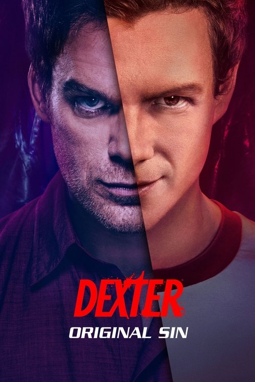 The poster features a split portrait of Dexter Morgan, with one side in deep red and the other in purple, creating a dramatic and intense atmosphere. The bold red title "DEXTER" stands out against the muted background, emphasizing the show's gritty and suspenseful tone.