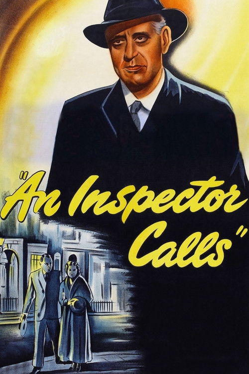 This movie poster features a man in a black suit and hat, exuding authority and mystery. The title "An Inspector Calls" is prominently displayed in bold yellow letters. The background shows a dramatic scene with figures in period clothing, suggesting a noir or drama genre. The warm yellow and dar...