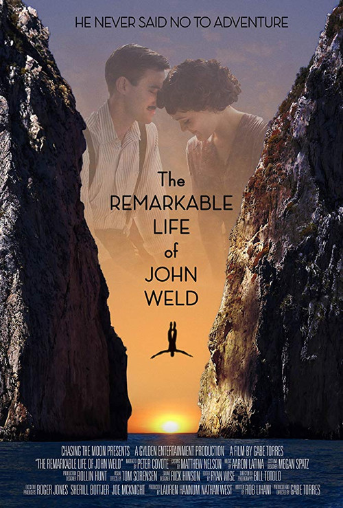 The movie poster features a romantic couple embracing in a narrow canyon, bathed in warm sunset hues. The title "The Remarkable Life of John Weld" is prominently displayed in bold typography, with a silhouette of a man walking away from the viewer at the bottom. The overall mood is nostalgic and ...