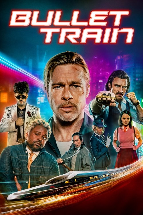 The poster features a dramatic scene with Brad Pitt at the center, surrounded by a group of characters in action poses. Vibrant colors like reds, blues, and purples create an energetic atmosphere, while the sleek bullet train at the bottom adds a sense of speed and danger. The overall mood is int...