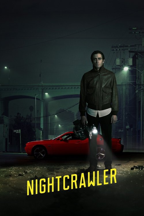 The poster features a man in a dark jacket standing confidently beside a striking red car, illuminated by a spotlight that casts dramatic shadows. The moody, atmospheric scene evokes a sense of mystery and urban intrigue, with the title "Nightcrawler" prominently displayed in bold yellow letters ...