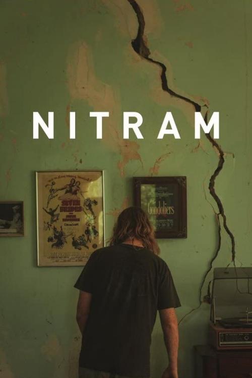 The poster features a lone figure with long hair, viewed from behind, standing before a cracked, pale green wall. Framed posters hang on the wall, adding to the eerie atmosphere. The title "NITRAM" is prominently displayed in bold, white letters. The overall mood is mysterious and unsettling, evo...