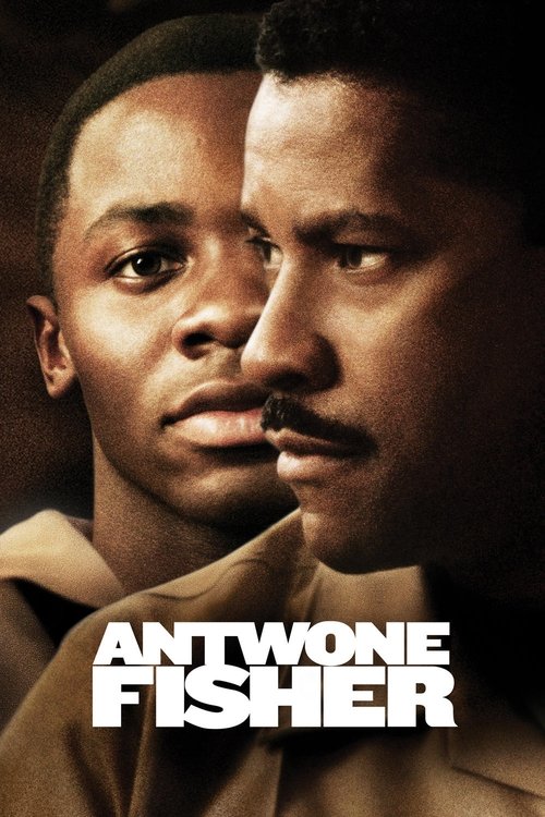 The poster features two men in close-up, with one looking slightly away while the other gazes forward. The warm, sepia-toned lighting creates a somber, reflective mood. Bold white text at the bottom reads "ANTWONE FISHER," emphasizing the film's title.