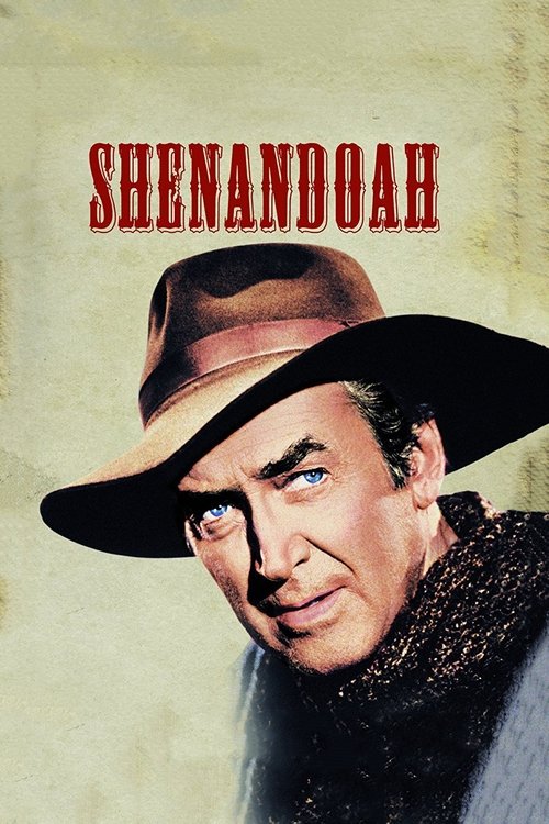 The poster features a man in a brown hat with a dark, textured scarf, exuding a rugged, cinematic mood. The title "Shenandoah" is prominently displayed in bold red letters against a muted, earthy background.