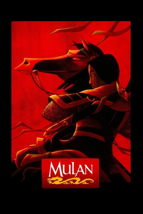 The poster features a dramatic silhouette of a woman in traditional attire, set against a fiery red background. The title "Mulan" is prominently displayed in bold white letters at the bottom, with the year "2009" beneath it. The overall mood is intense and epic, capturing the essence of the film'...