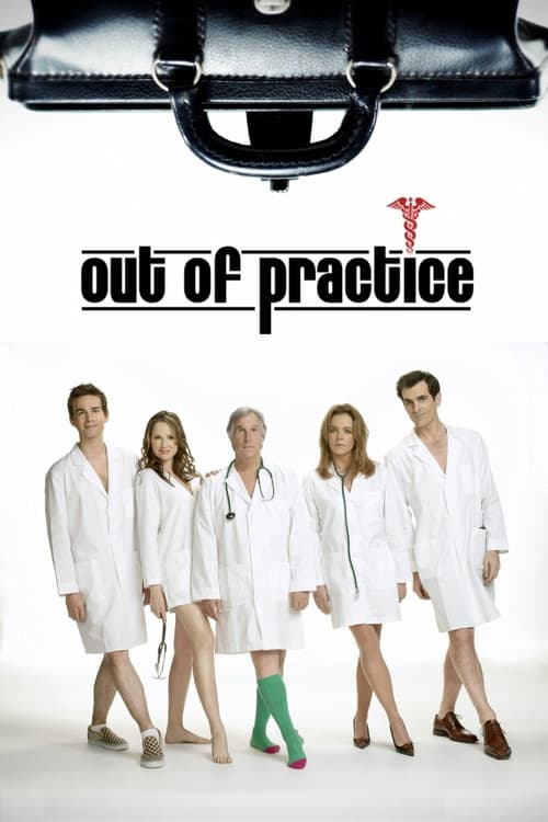 The poster features six doctors in white coats standing against a stark white background, with a black medical device at the top. The mood is professional yet slightly humorous, capturing the essence of a medical comedy.