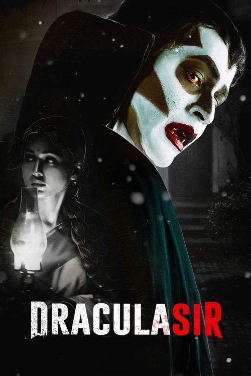 The poster features a dramatic, dark scene with a masked figure in a hooded cloak dominating the frame, while a woman in a white dress appears in the background holding a lantern. The colors are predominantly black and white, creating a gothic atmosphere. The title "Dracula Sir" is prominently di...