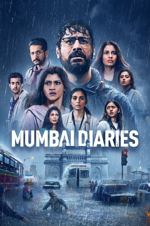 The poster features a dramatic rain-slicked Mumbai street scene with a central bearded man in the foreground, surrounded by a group of people in overcast, moody lighting. The title "MUMBAI DIARIES" is prominently displayed in bold white letters, evoking a sense of urban mystery and emotional depth.