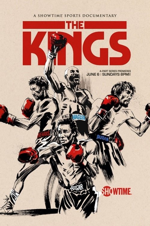 This TV show poster for "The Kings" features dynamic boxing figures in red gloves and black shorts, set against a stark white background. The bold red title dominates the top, creating a striking visual impact. The mood is intense and action-packed, capturing the essence of professional boxing.