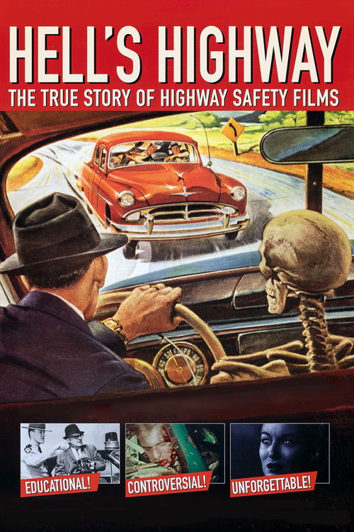 This movie poster features a dramatic scene with a man in a hat steering a car, while a skull sits beside him, suggesting a horror or thriller genre. The warm red and yellow tones evoke a sense of urgency and danger, with the title "Hell's Highway" prominently displayed at the top.