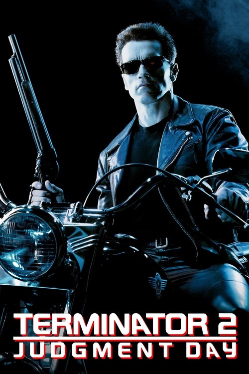 The poster features a muscular Terminator in a dark, moody setting, holding a gun and motorcycle. The cool blue and black tones create a suspenseful atmosphere, emphasizing the film's action and thriller genre.