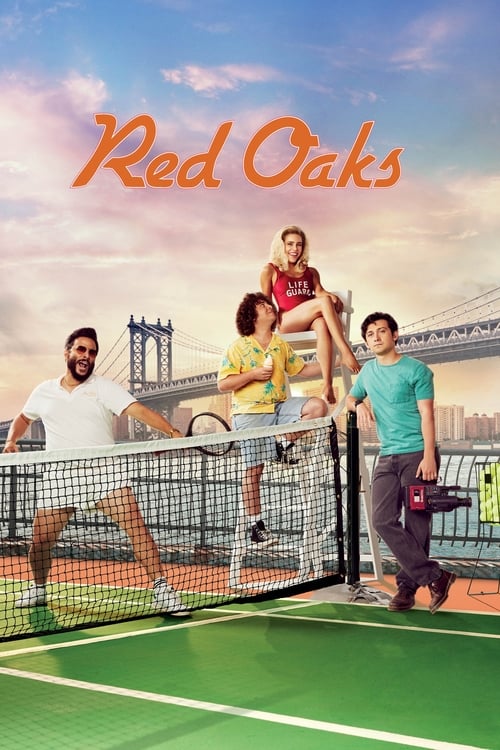 The poster features a vibrant tennis scene with four characters on a court under a bright, sunny sky. The warm tones of the green court contrast with the colorful clothing of the players, creating a lively and energetic atmosphere. The title "Red Oaks" is prominently displayed in orange, adding a...