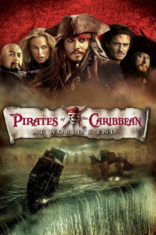 The poster features a dramatic scene with pirates in stormy waters, evoking a sense of adventure and danger. The title "Pirates of the Caribbean: At World's End" is prominently displayed in bold, metallic lettering. The background is filled with rich reds and dark tones, creating an intense and m...