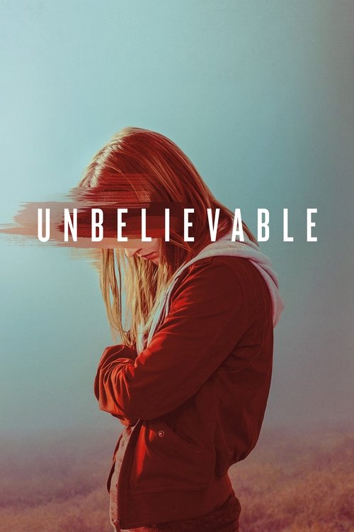 The poster features a woman with her head bowed, her red hair flowing as she gazes into the distance. The warm, golden hues of the sky contrast with her dark jacket, creating a somber yet hopeful mood. The bold, white text "UNBELIEVABLE" stands out against the soft background, emphasizing the sho...