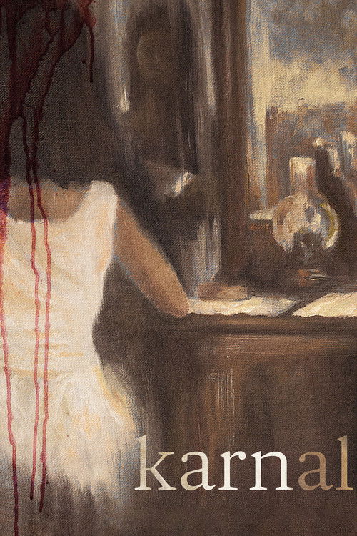 The poster depicts a somber scene with a figure in white, seemingly in distress, against a backdrop of muted earth tones and dark shadows. Blood drips from the figure's shoulder, adding a sense of urgency and tragedy. The mood is one of melancholy and sorrow, evoking themes of loss and suffering.