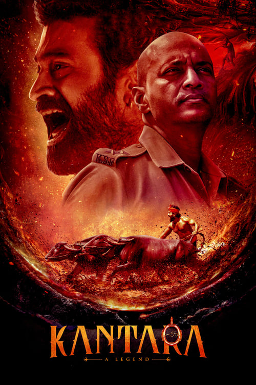 The poster features two men in dramatic poses against a fiery, swirling background, evoking a sense of danger and intensity. The warm red and orange hues suggest an epic battle or supernatural struggle, while the title "Kantara" at the bottom hints at a thrilling adventure.