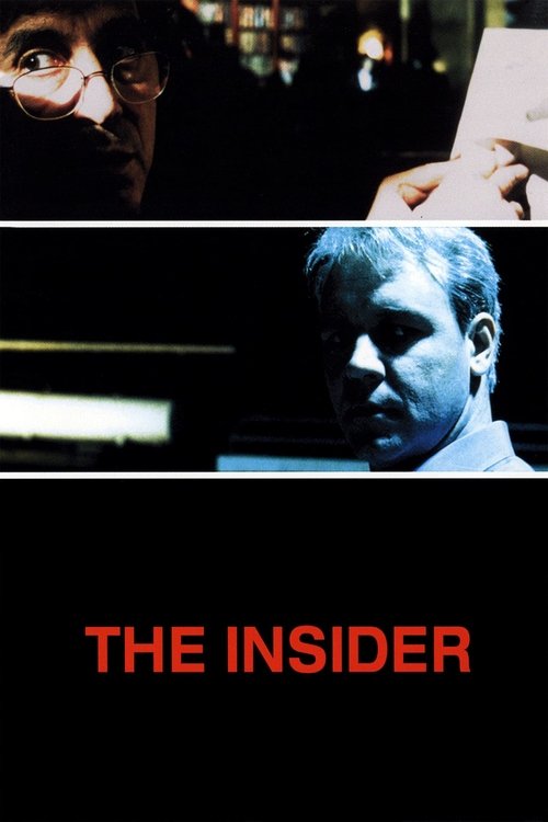 The poster features a dark, moody atmosphere with a man's face partially obscured by shadows and a blurred background. The title "THE INSIDER" is prominently displayed in bold red letters against a black backdrop. The overall mood is mysterious and suspenseful, suggesting a thriller or drama.