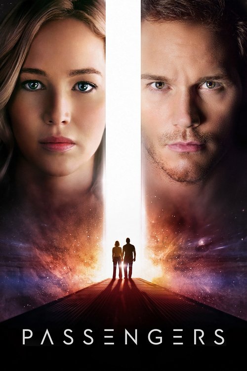 The poster features two characters staring intensely at the viewer, with a dramatic spotlight illuminating their faces against a dark, mysterious backdrop. Below them, silhouetted figures walk toward a glowing horizon, evoking a sense of journey and uncertainty. The film's title, "Passengers," is...