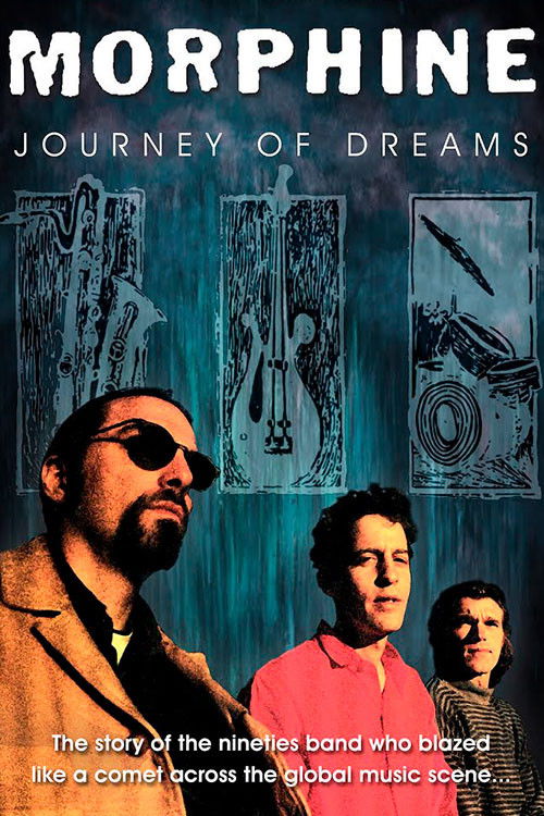 The poster features a man in sunglasses and a man in a pink shirt, with a third figure partially visible. The background is a dark, moody scene with abstract, glowing shapes and a blue hue, evoking a dreamlike atmosphere. The title "Morphine" is prominently displayed in bold white letters, while ...