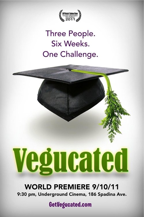 The poster features a graduation cap with green leaves, symbolizing academic achievement. The title "Vegucated" is prominently displayed in bold green letters, conveying a sense of transformation. The overall design suggests a narrative about overcoming challenges through teamwork, with the messa...