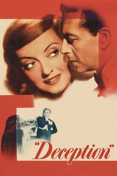This vintage movie poster features a glamorous woman and a man in a romantic embrace, with the title "Deception" elegantly written below. The warm red and cream tones evoke a sense of classic Hollywood glamour and romance.