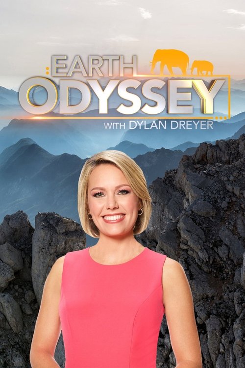 The poster features a smiling woman in a pink dress against a backdrop of rugged volcanic landscapes and a warm sunset sky. The title "Earth Odyssey" glows with golden hues, evoking adventure and exploration. The overall mood is inviting and adventurous, promising an exciting journey through the ...
